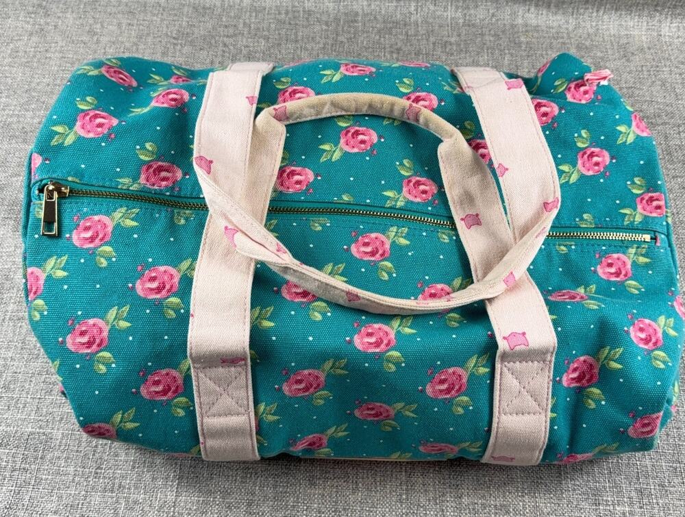 Whim + Wander Floral Canvas Duffel Bag Teal Pink Rose Weekender Shoulder Strap